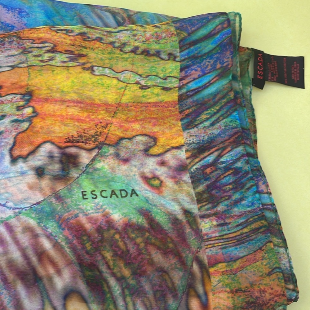 Vintage Escada Multicolored Artistic Hand Painted Silk Scarf/Wrap - Picture 11 of 13